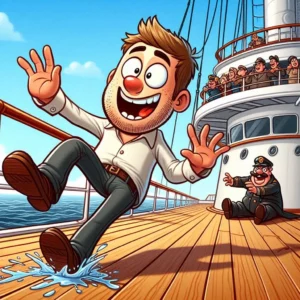 picture of a cartoon man slipping and falling on deck of a ship