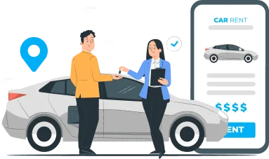 car rental pic of woman handing man keys to car parked in background a rental car at a cheap rate pic of cell phone with sabvings dollars on screen