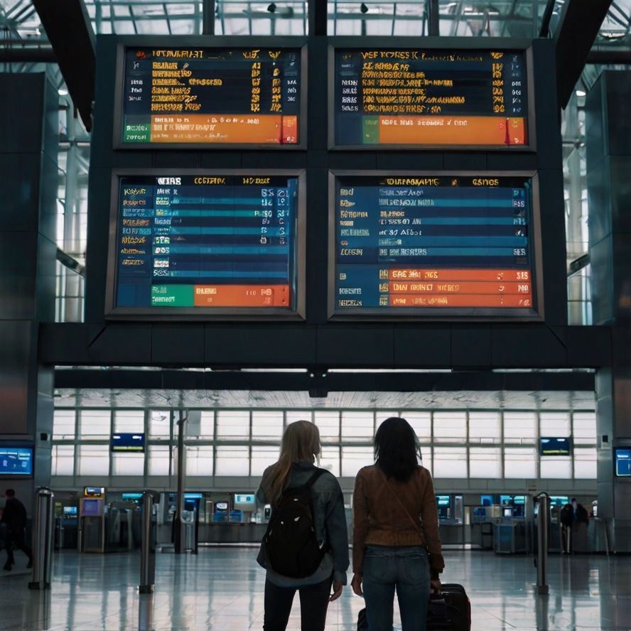 Couple standing looking at flight status board