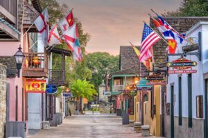 St Augustine Fl, original one lane cobble stone street lined with shops on either side
