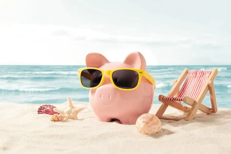 cheap travel insurance a piggy bank wearing glasses on the beach by a chair and seashells