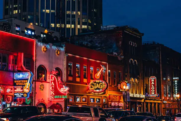 nashvile TN braodway looking down the street neon all light up affordable weekend getaways