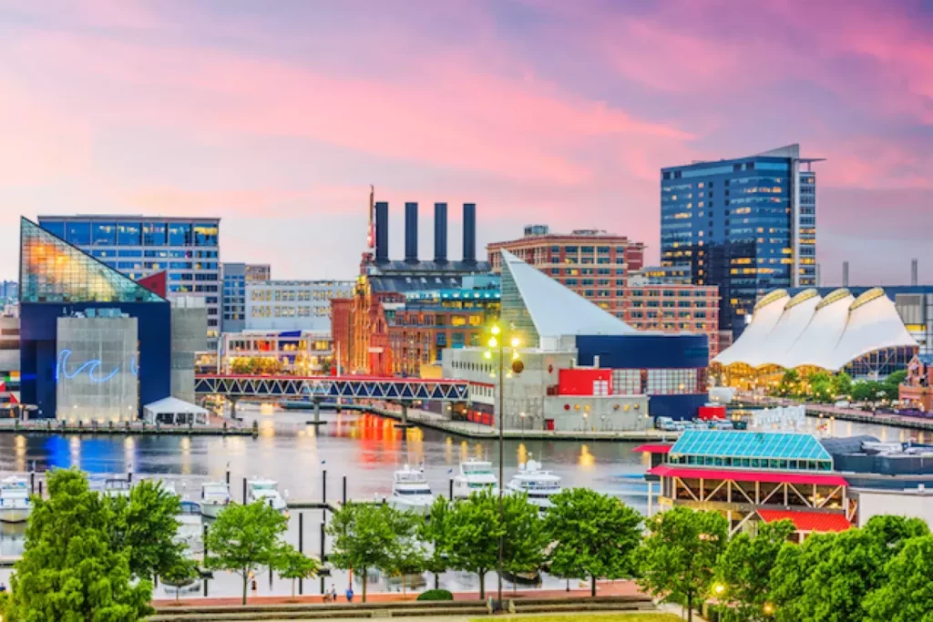 Baltimore Harbor looking in at power plant restaurant row