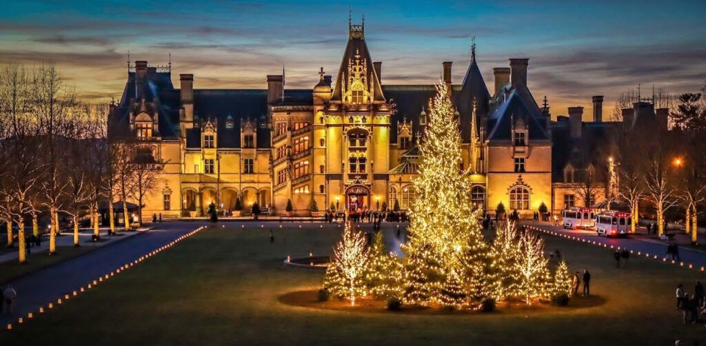 Biltmore Estates in Ashville North Carolina looking at the outside all lit up for Christmas