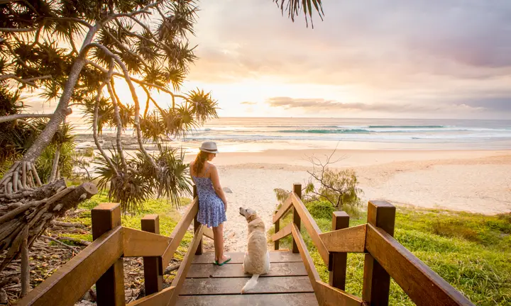 Sunshine Coast Australia view of woman and dog on boardwalk to ocean