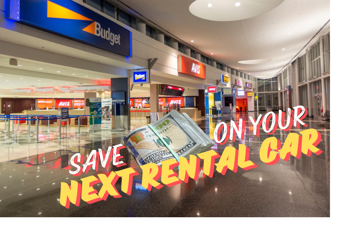 car rental counters at the airport with the saying over the picture save on your next reantal car