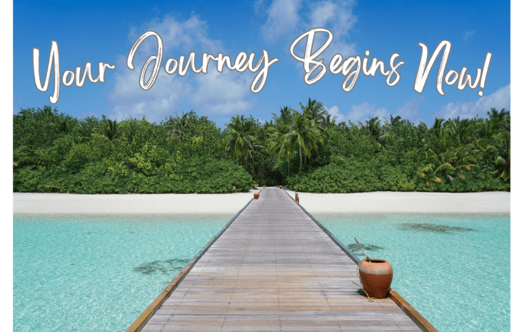 wooden path boardwalk over clear aqua water leading to the soft warm beach, your journey begins now